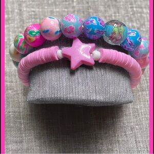 Pink and Blue Beaded star / flower Bracelet Set ( New handmade )
